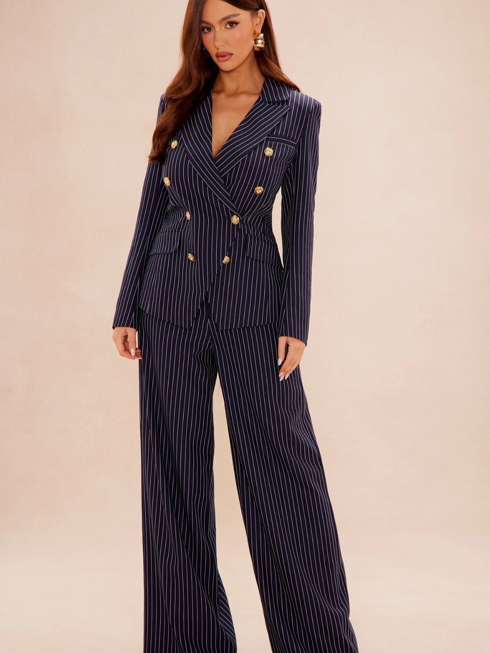 Navy Pinstripe Double-Breasted Wide-Leg Jumpsuit